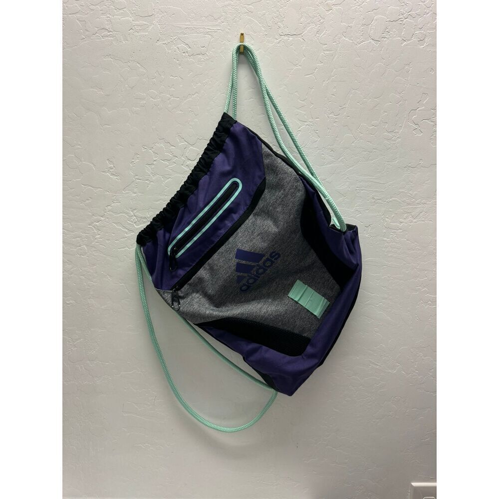 Adidas Purple Grey Drawstring Gym Bag‎ Zip Pocket Dual Straps Logo Sackpack